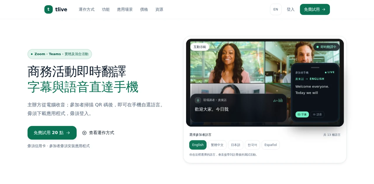 tlive 網站,展示商務活動的即時字幕與手機翻譯體驗